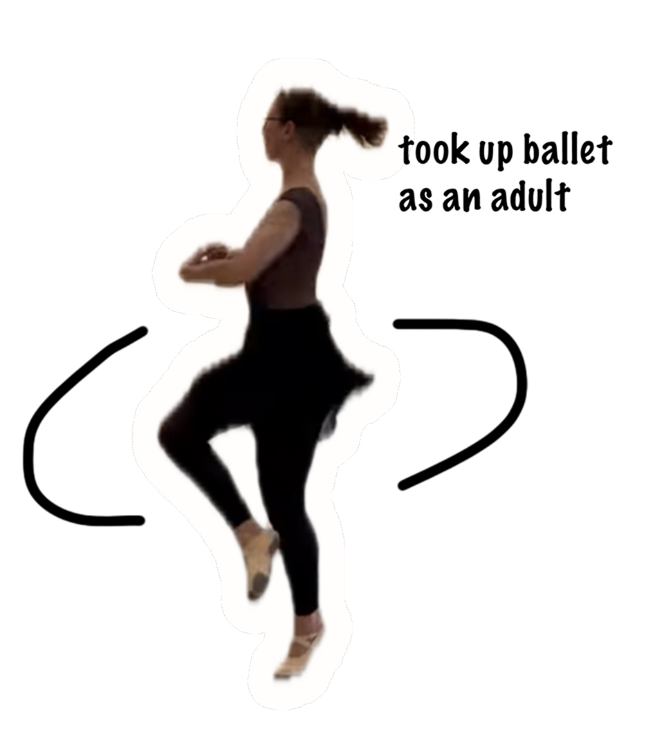 Side view of a woman with arms crossed, wearing glasses, black top, black pants, and high heels, with her hair tied back and a white outline around her.