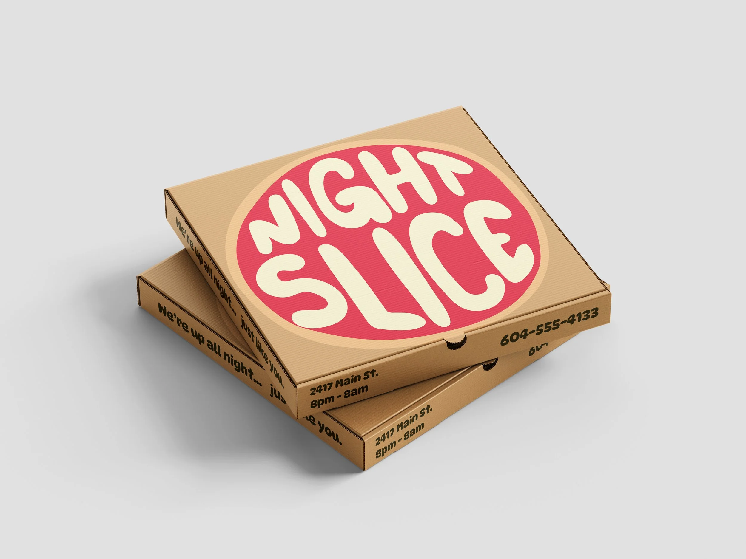 Packaging mockup: two stacked pizza boxes with the Night Slice logo visible on the top box.