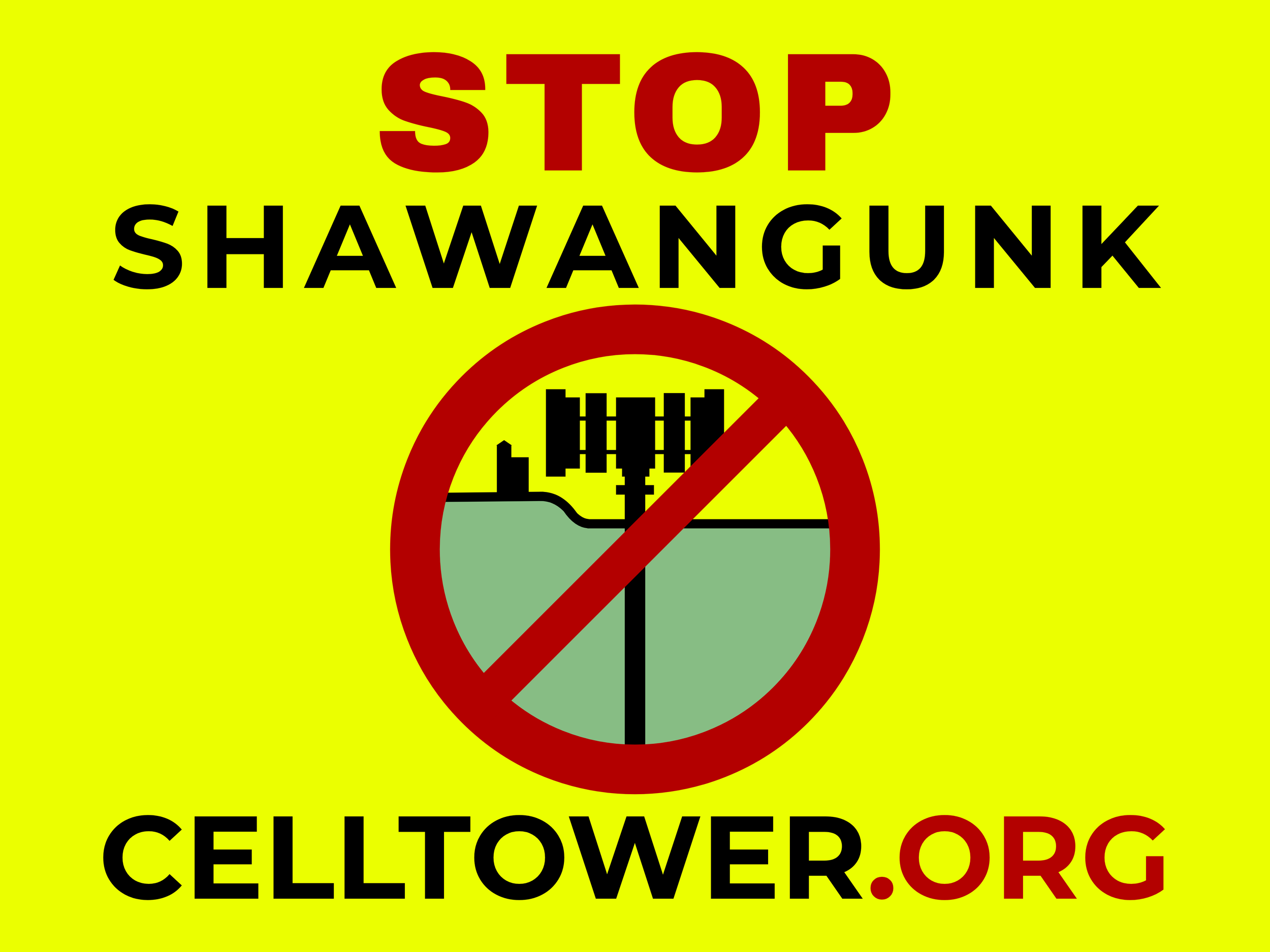 A yellow sign with red and black text reading 'STOP SHAWANGUNK' and a red circle with a slash over a black factory emission icon, with additional black text 'CELLITOWER.ORG' at the bottom.
