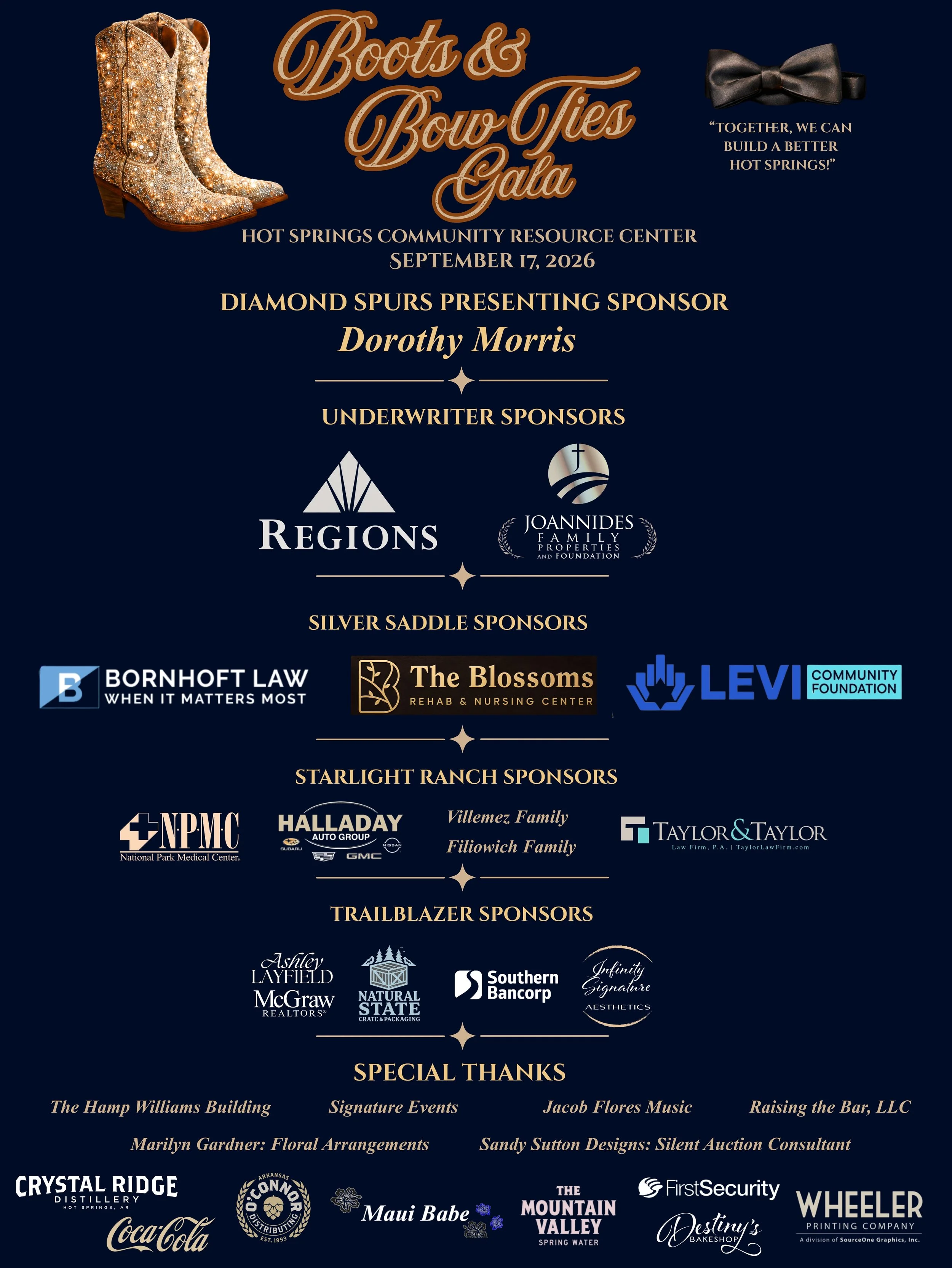This image lists the sponsors of the boots and bow ties gala 2026