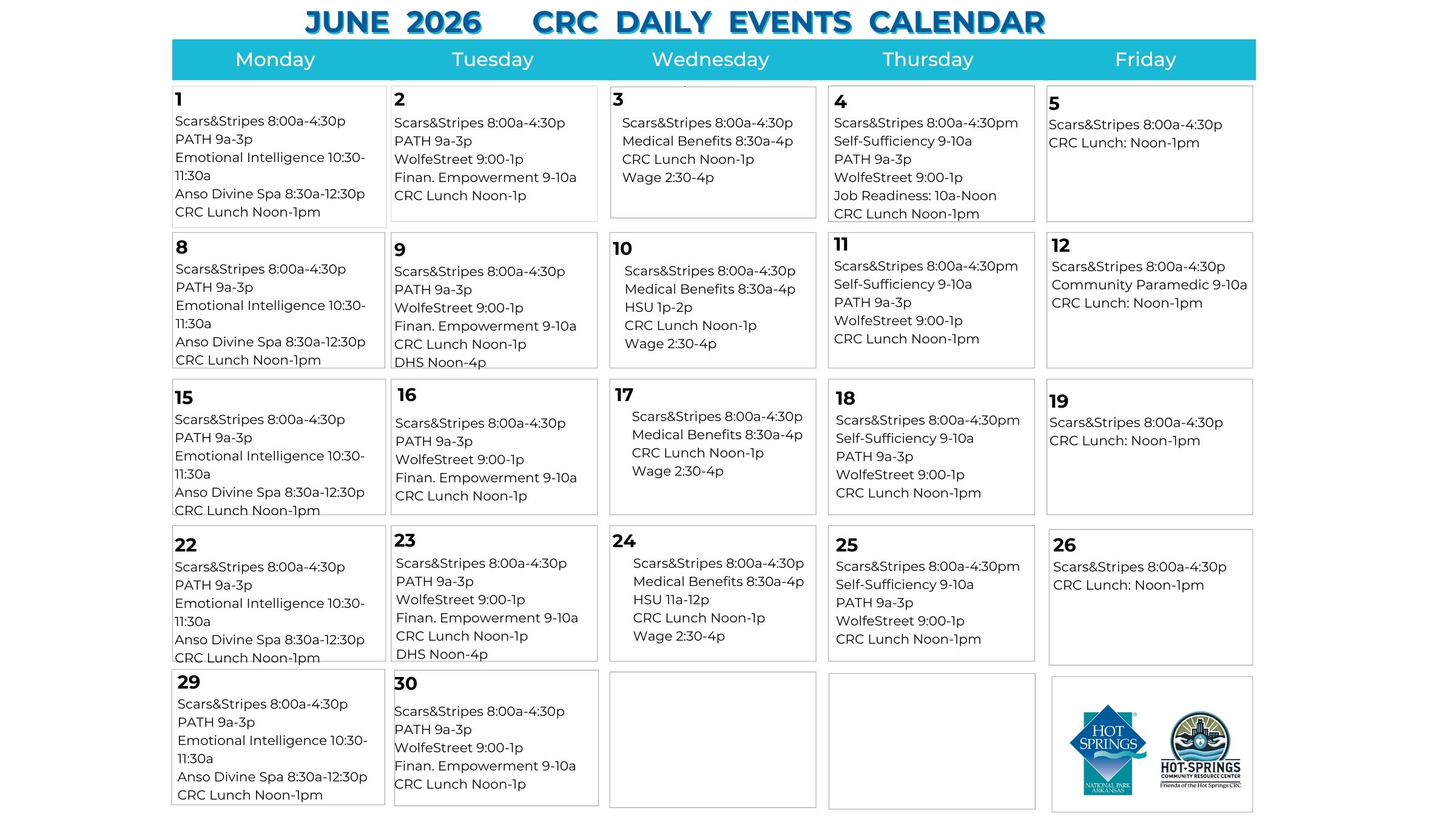June 2026 CRC daily events calendar