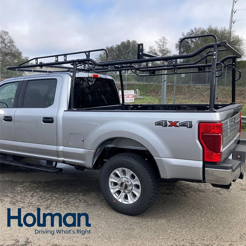 Silver pickup truck with a black ladder rack mounted on the bed, parked outdoors on a cloudy day, with a chain-link fence and trees in the background.