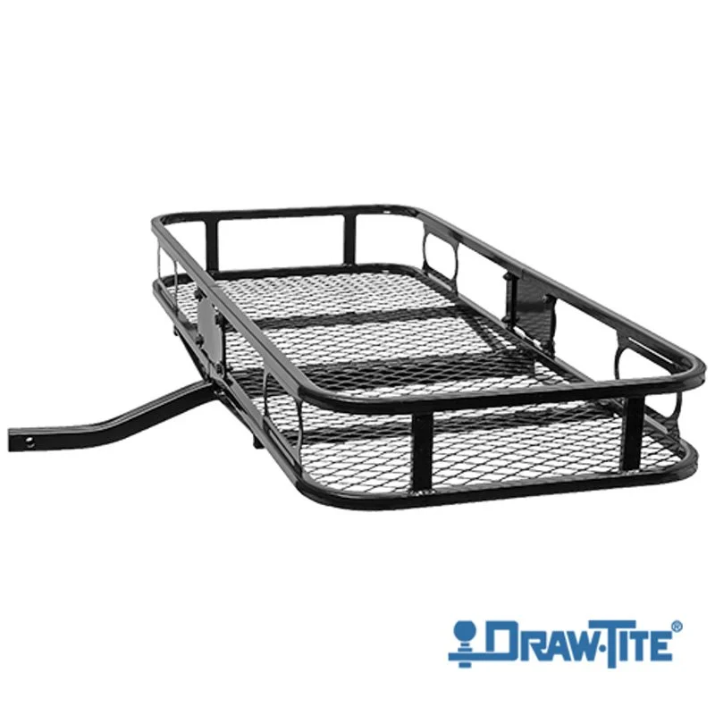 Black metal roof rack platform with side rails and mesh base, attached to a vehicle's hitch receiver, branded 'RAWLITE'.