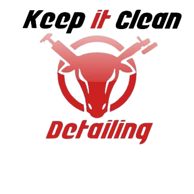 A graphic with the text 'Keep it Clean Detailing' and a red bull head with auto detailing tools for horns