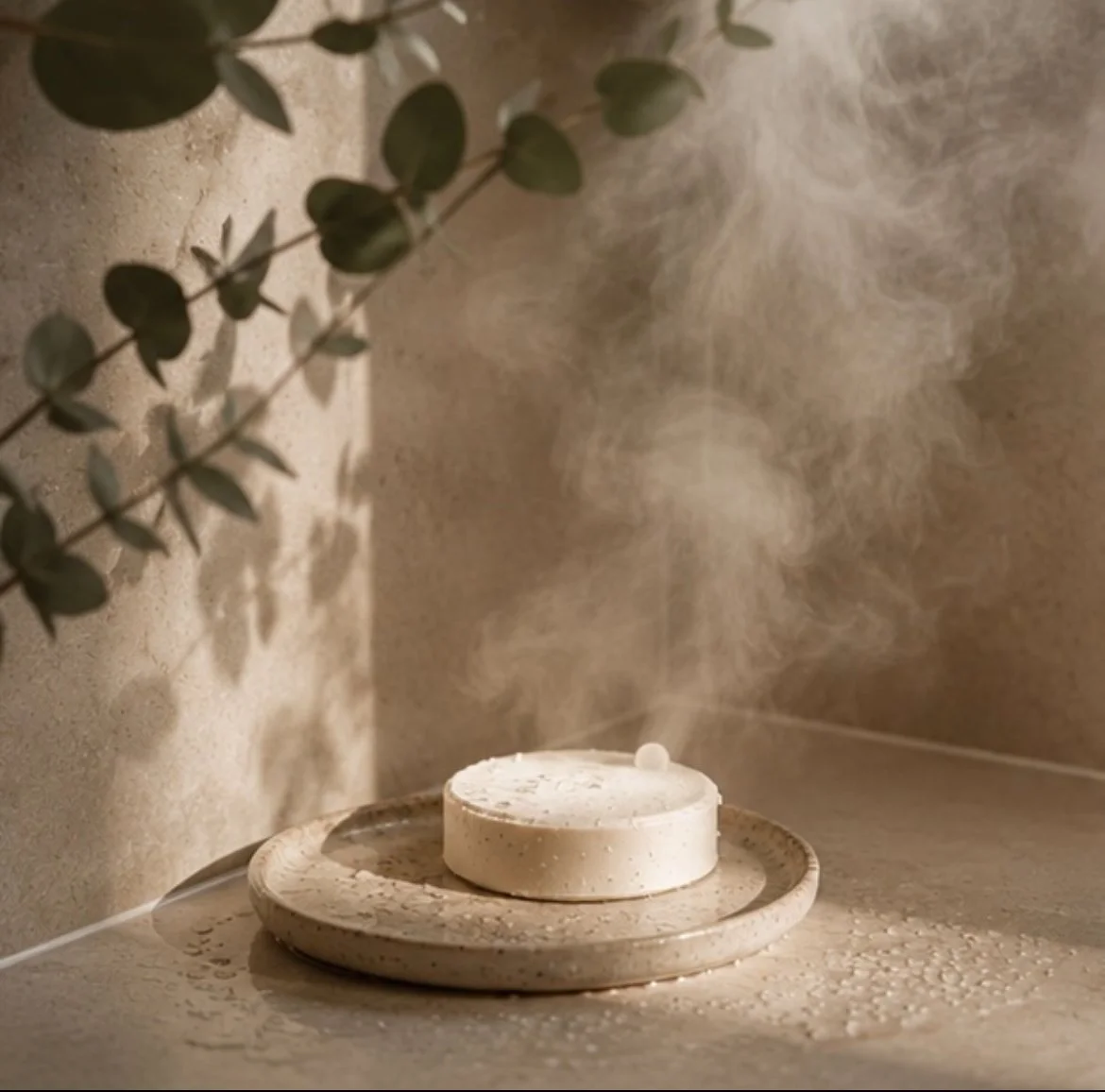 A ceramic plate holding a small round object emitting steam, with a nearby larger plate on a beige countertop, and a green leafy plant in the upper left corner.