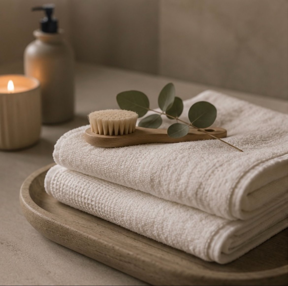 Stacked white towels on a wooden tray with a wooden massage brush and eucalyptus leaves on top, in a spa setting with a candle and a soap dispenser in the background.