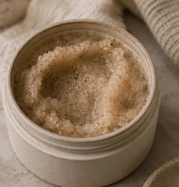 Close-up of a small jar of brown exfoliating scrub with a slightly foamy texture.