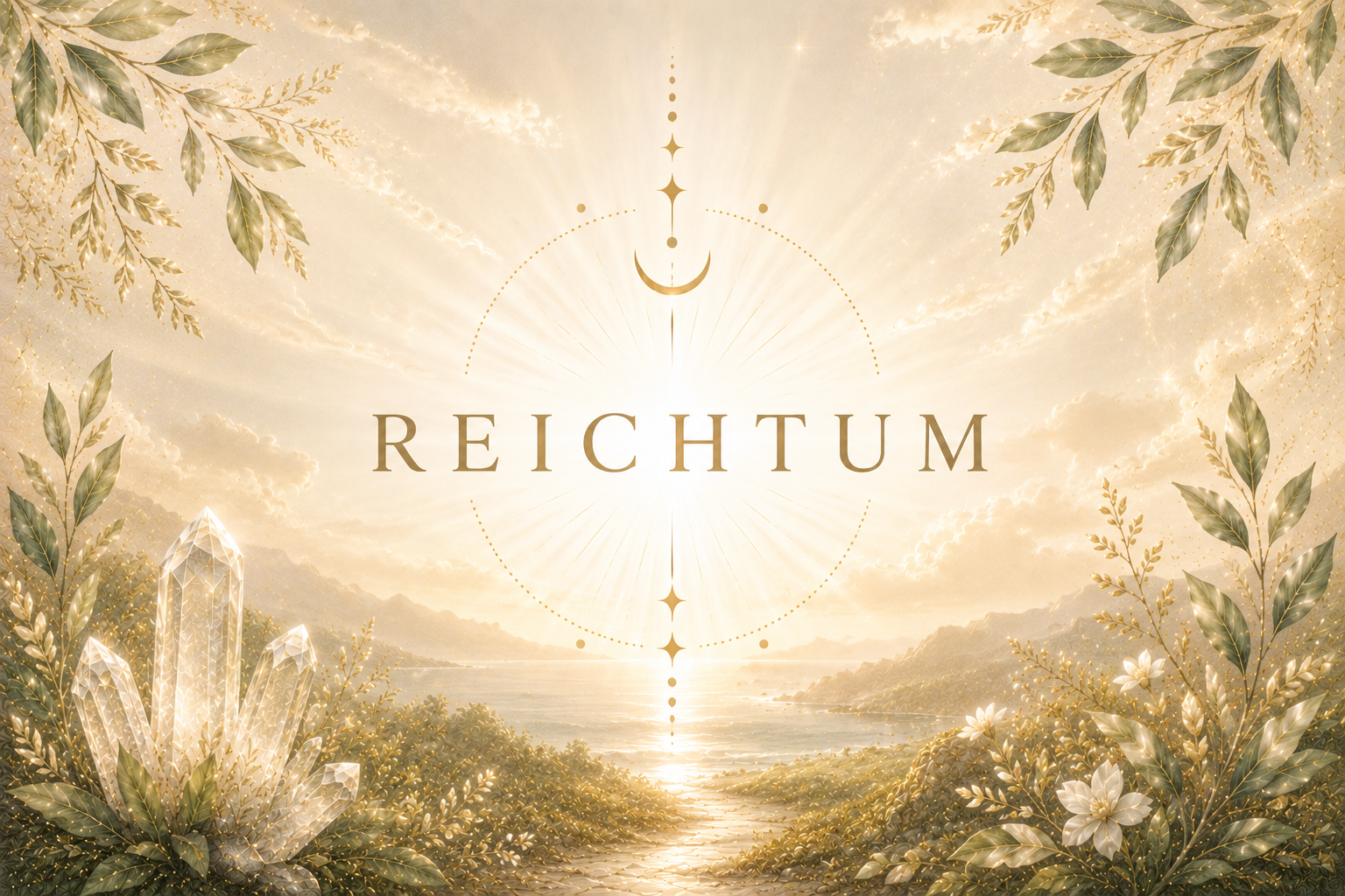 Ein heller, goldener Himmel mit Sonnenstrahlen, umgeben von grünen Blättern, weißen Blumen und funkelnden Kristallen, mit dem Wort 'Reichtum' in der Mitte.