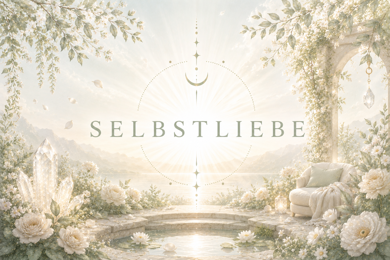 Ein hell erleuchteter, friedlicher Garten mit weißen Blumen, Kristallen und einer kleinen Wasserlache. Der Himmel ist hell, mit Bergketten im Hintergrund, und es gibt einen weißen Sitzbereich mit Kissen. Über dem Bild schwebt der Schriftzug "Selbstliebe".