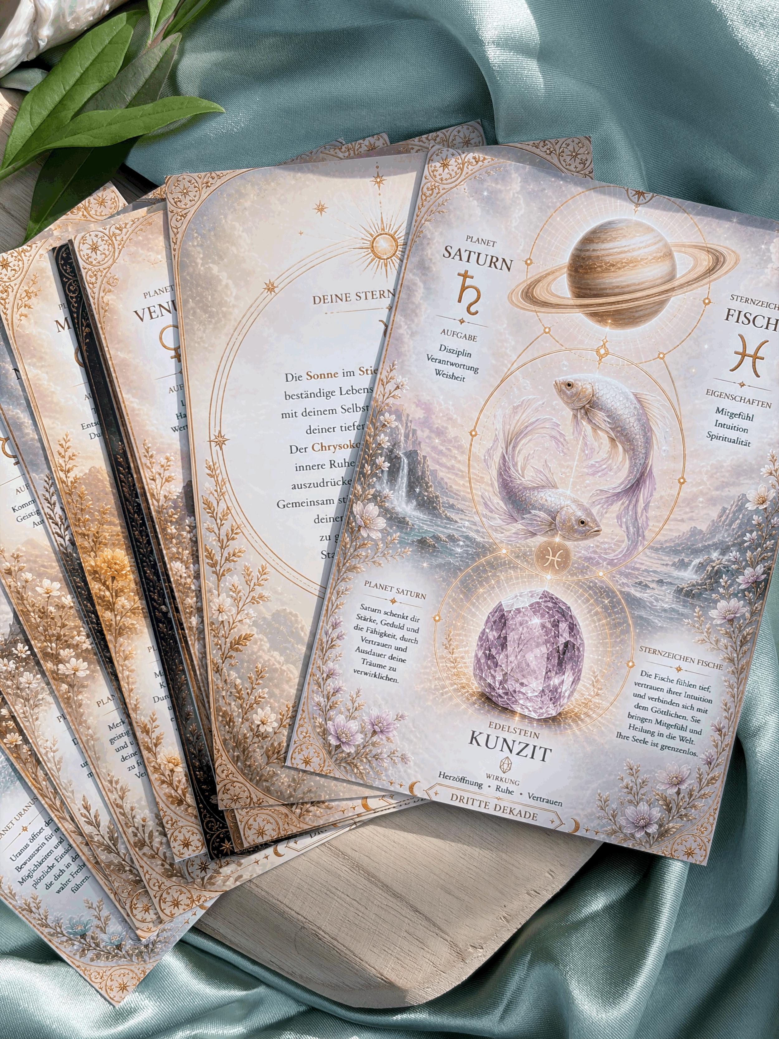 Astrologisches Kartenset mit Planeten, Sternzeichen und Edelsteinen