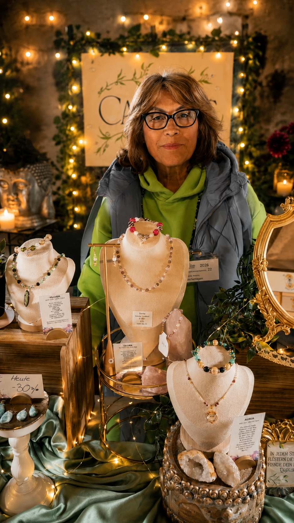 Eine Frau mit Brille steht an einem Schmuckstand, der verschiedene Halsketten und Armbänder aus Perlen zeigt, umgeben von Lichterketten und Dekorationen bei einem Markt oder einer Ausstellung.