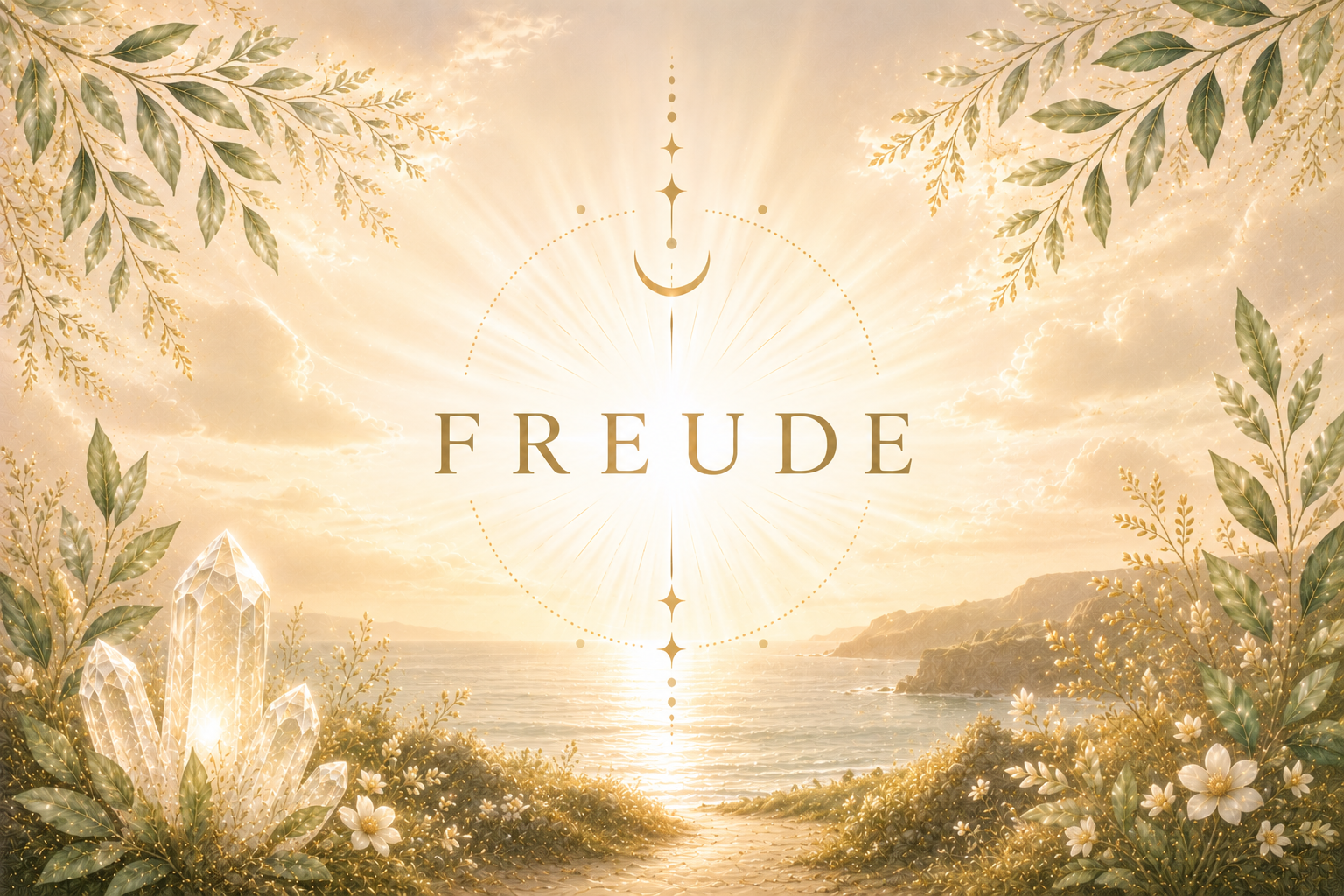 Goldenes, leuchtendes Zauberbild mit Pflanzen, Kristallen und Meer im Sonnenlicht, mit dem Wort 'Freude' in der Mitte.