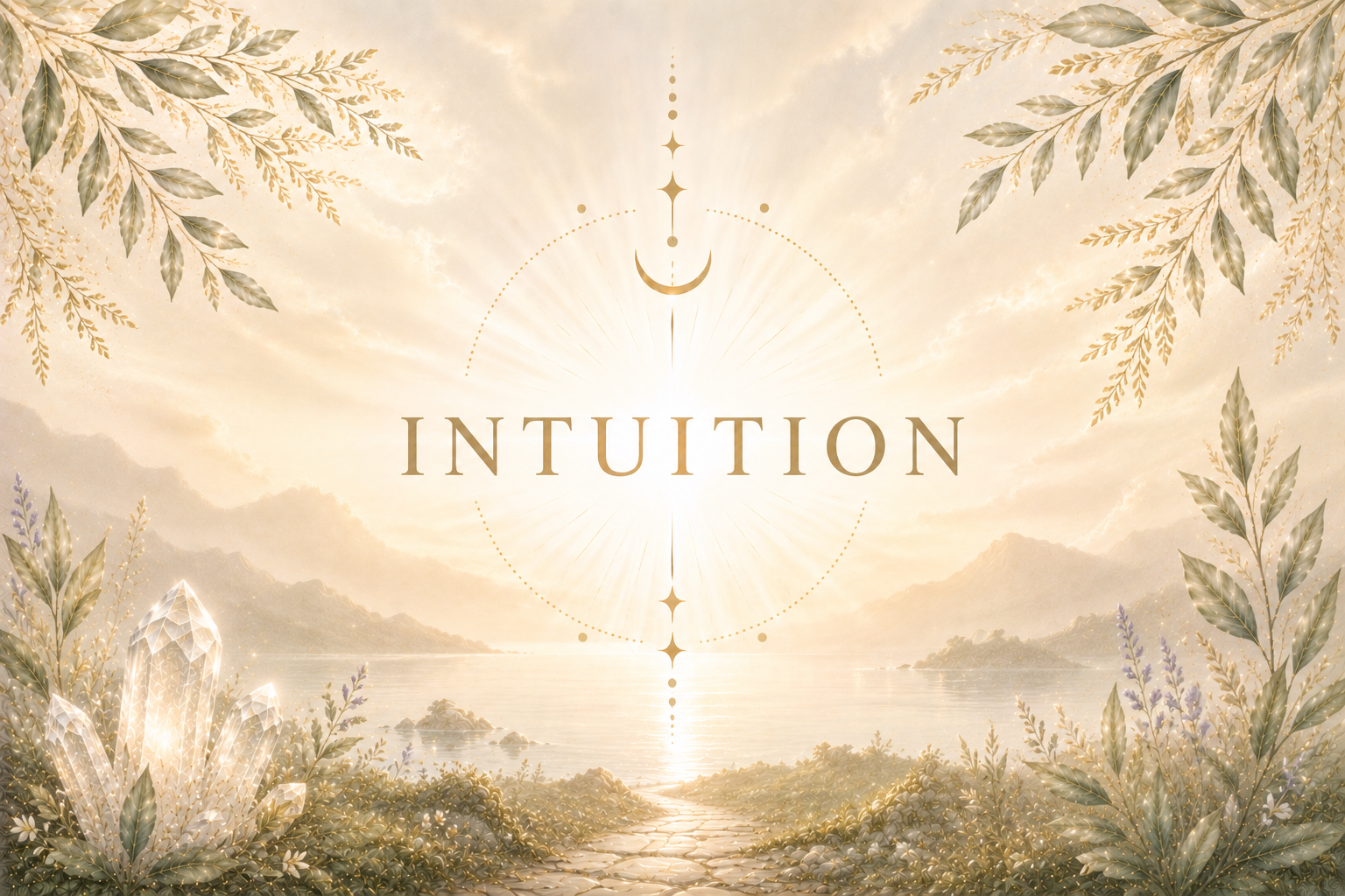 Ein spirituelles, gold- und pastellfarbiges Bild mit dem Wort "INTUITION" in der Mitte, umgeben von Blättern, Kristallen und einem Himmels-Hintergrund mit Wolken und Sonnenstrahlen.