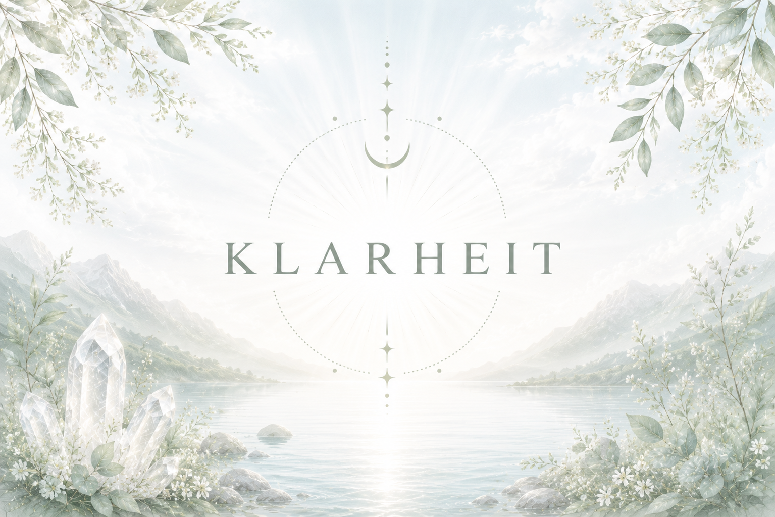 Eine ruhige Seenlandschaft mit Bergen im Hintergrund, umgeben von zarten grünen Blättern und weißen Blumen, mit dem Wort "Klarheit" in der Mitte.