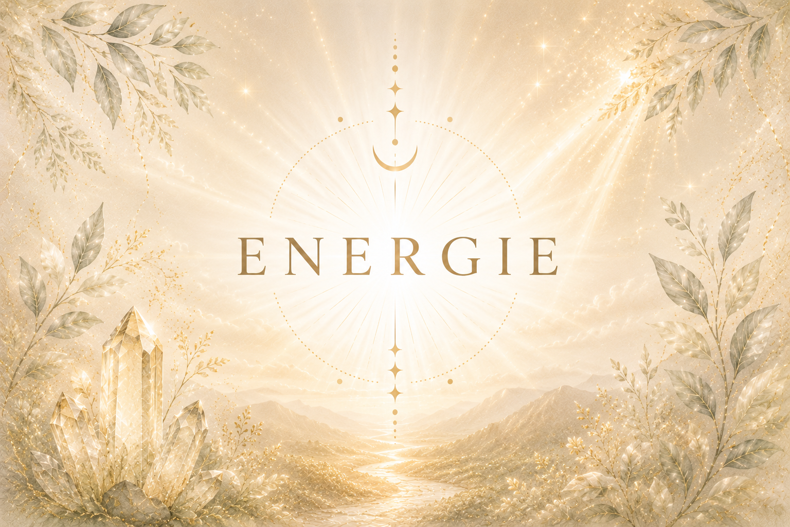Ein goldenes, leuchtendes Energiebild mit Kristallen, Blättern und Berglandschaft im Hintergrund