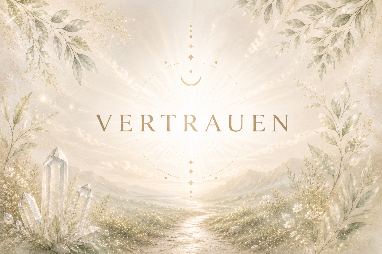 Himmel mit Sonnenstrahlen, Pflanzen, Kristalle, Berglandschaft und der Schriftzug »Vertrauen« in der Mitte.