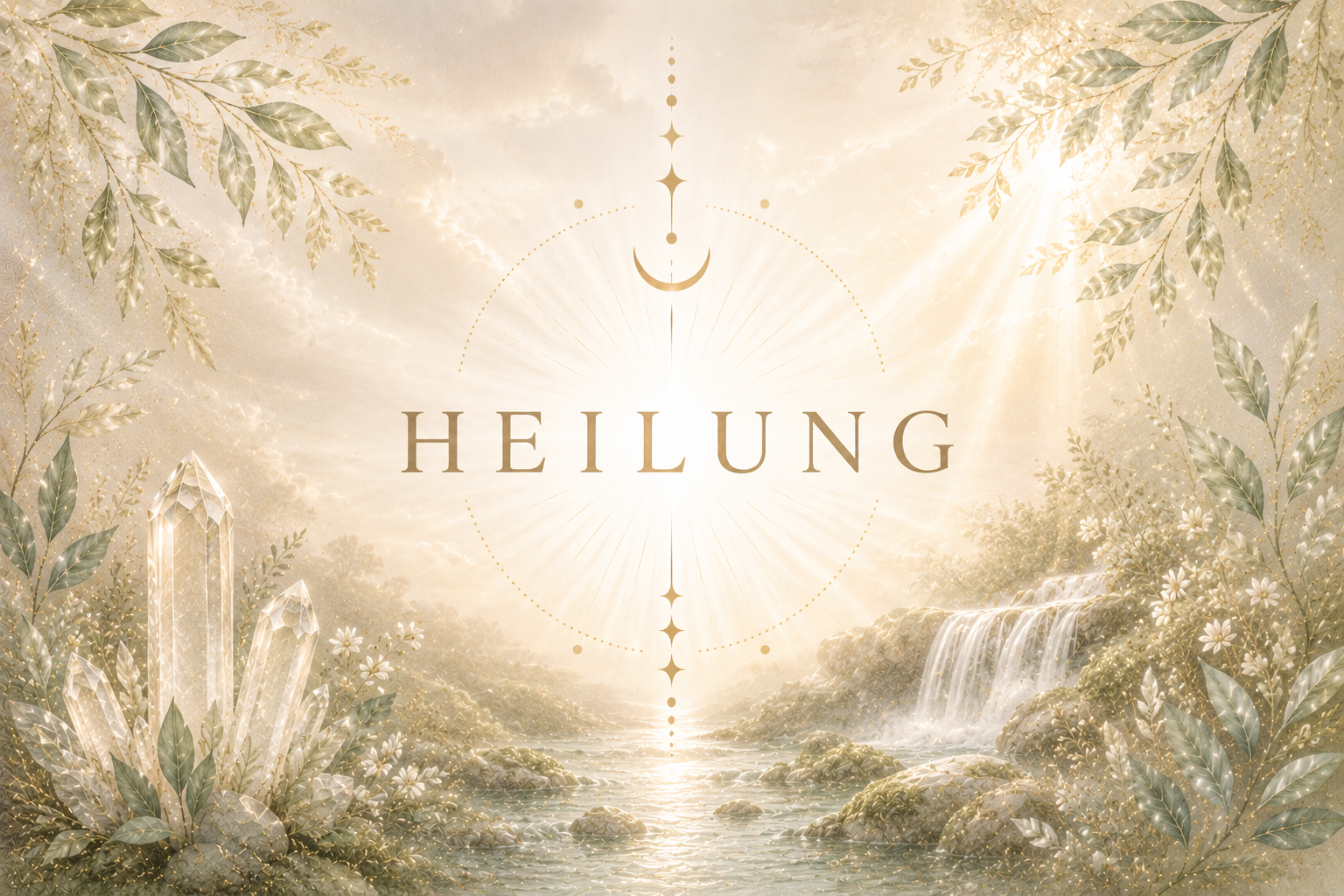 Heilungsthema mit sanften goldenen Lichtstrahlen, Wasserfall, Kristallen und Gartenplatten im Natur-Design.