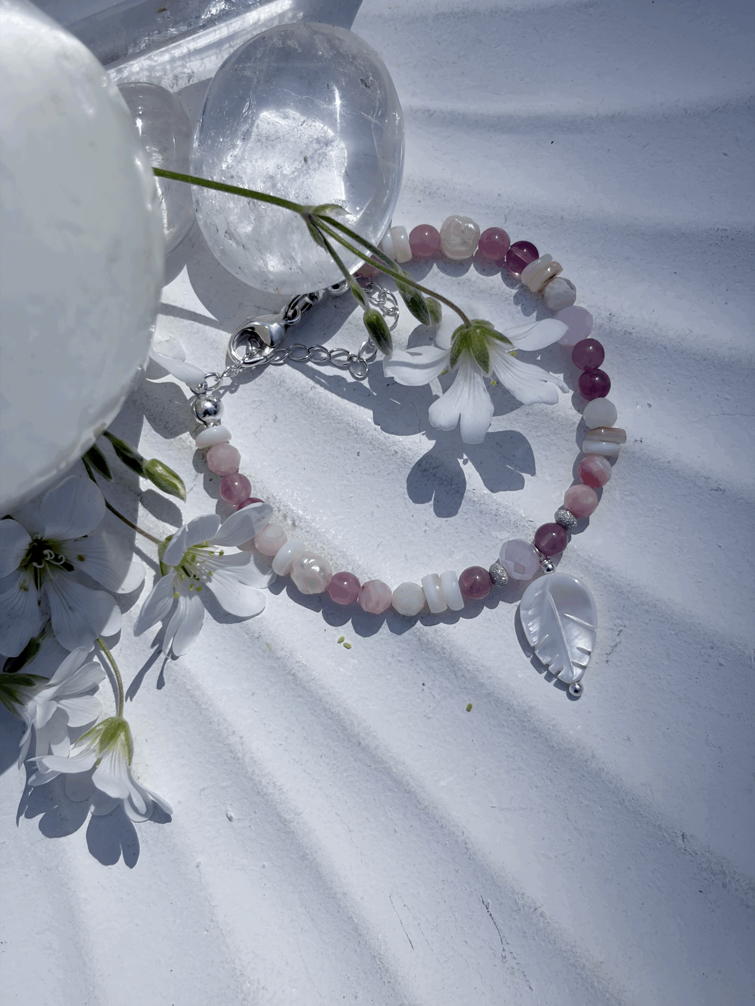 Perlmutt Armband mit Rosenquarz und Pinkopal in Silber
