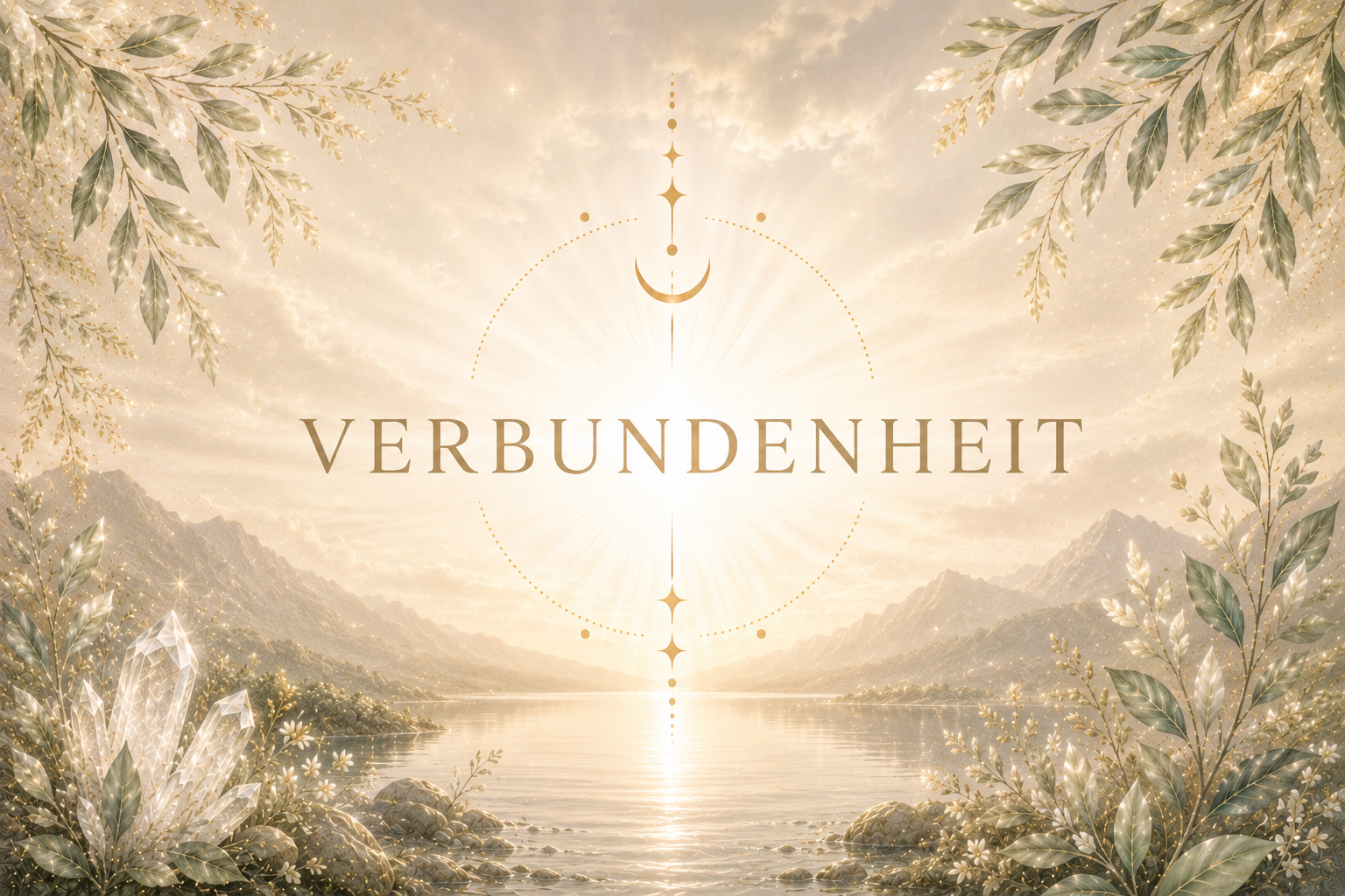 Sanfte Lilafarben und goldene Töne mit Blättern und Bergen im Hintergrund, Sonnenstrahlen und ein kristallartiger Edelstein, darüber der Schriftzug 'VERBUNDENHEIT' in der Mitte.