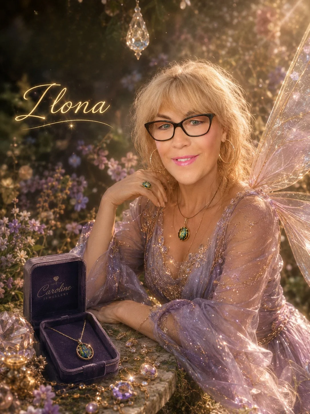 Eine Frau nennt sich Ilona, trägt Brille, mag Edelsteinschmuck, sitzt im Garten mit Blumen, umgeben von Schmuckstücken, trägt ein glitzerndes Kleid mit Flügeln, zeigt ein Schmuckstück in einer Schmuckschatulle.