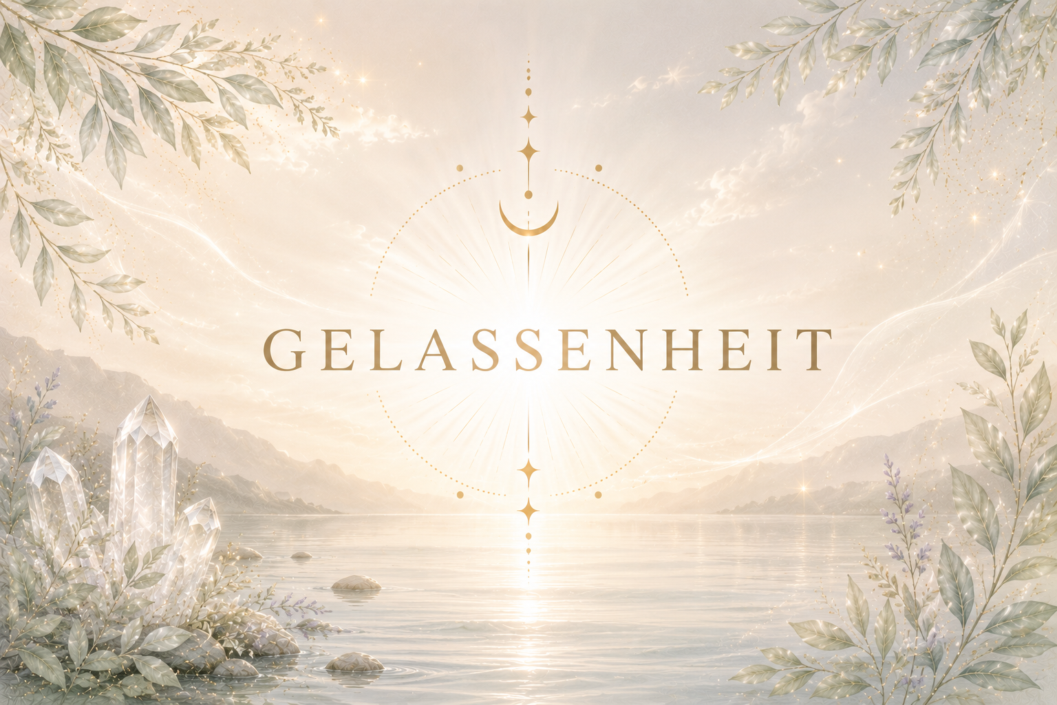 Eine friedliche Landschaft mit ruhigem Wasser, Bergen im Hintergrund, umgeben von Pflanzen und Kristallen, mit einem geistigen Himmel und dem Wort "Gelassenheit" in der Mitte.