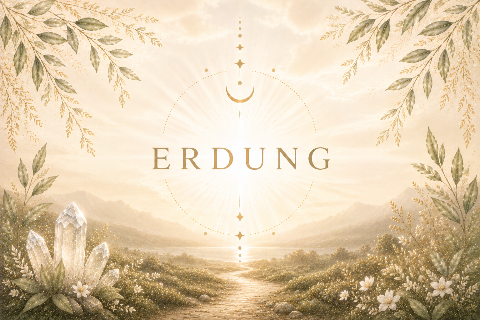 Himmlische Szene mit goldener Leuchte im Himmel, umgeben von grünen Blättern und Pflanzen, im Vordergrund Kristalle, im Hintergrund Berge und Fluss, Text 'ERDUNG' in der Mitte.