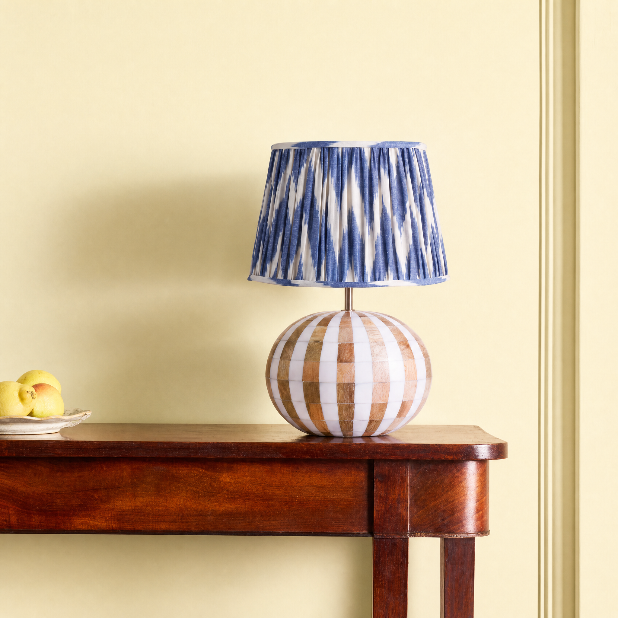 cedella table lamp in natural and white stripes with 30cm straight empire shade in blue zig zag ikat woven linen