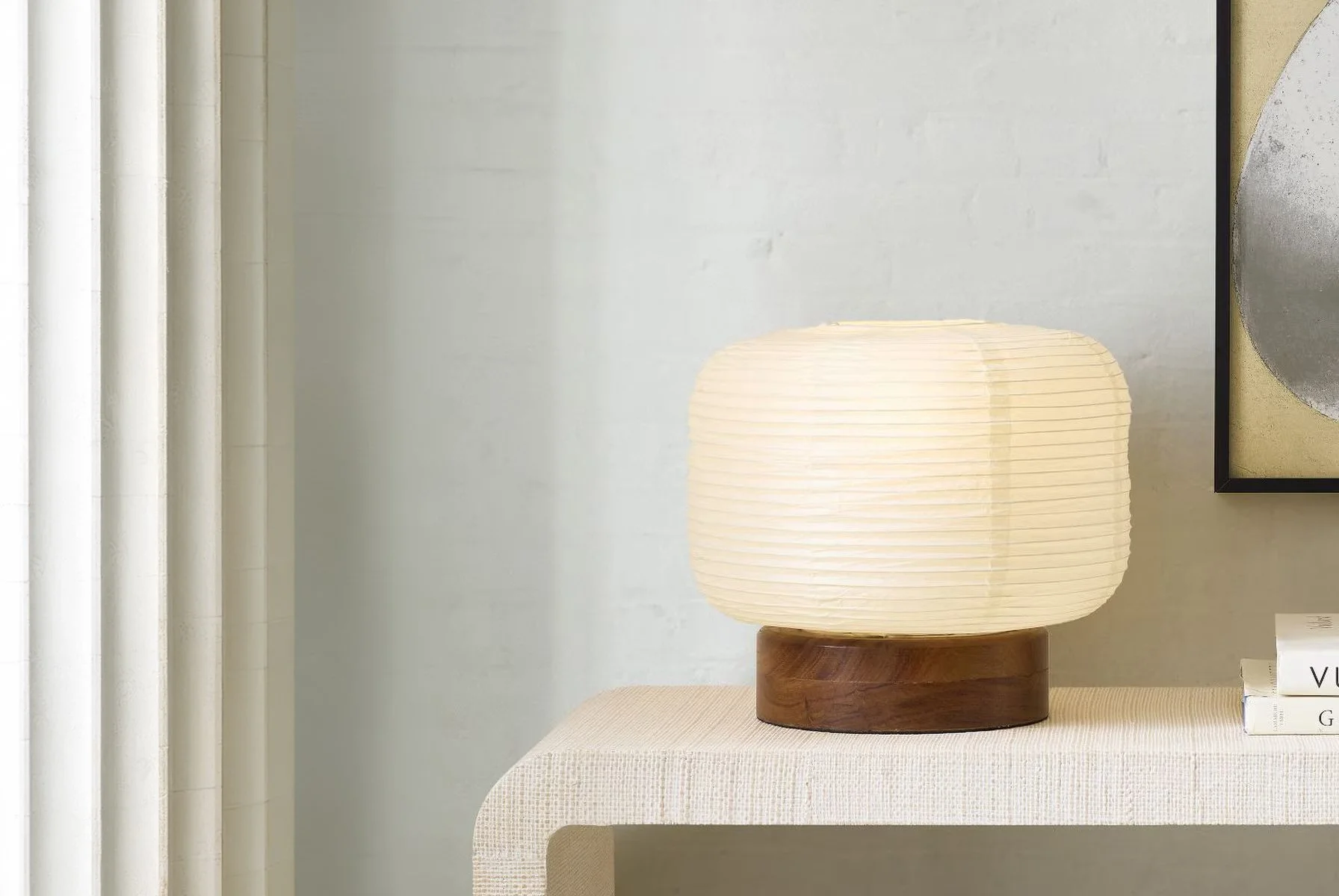 West elm mooney table lamp with paper shade and wood base in a cool walnut finish