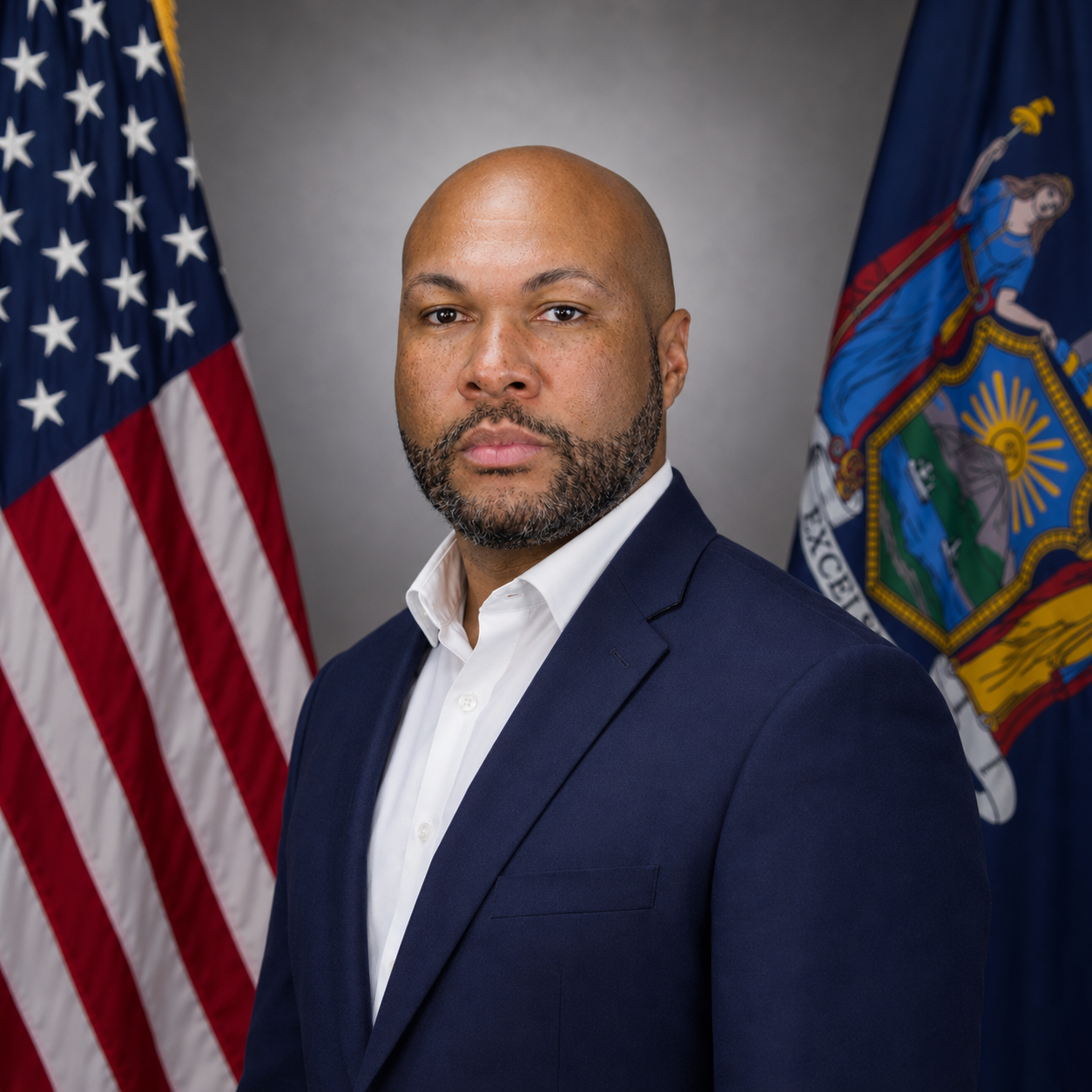 A man in a navy blazer and white shirt posing in front of American and New York state flags.
