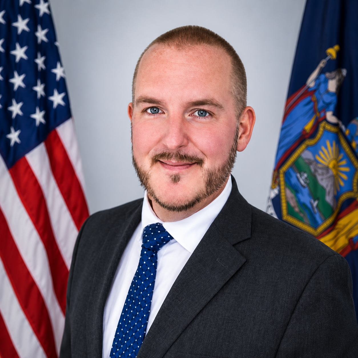 Portrait of a man in a suit with American flags in the background.