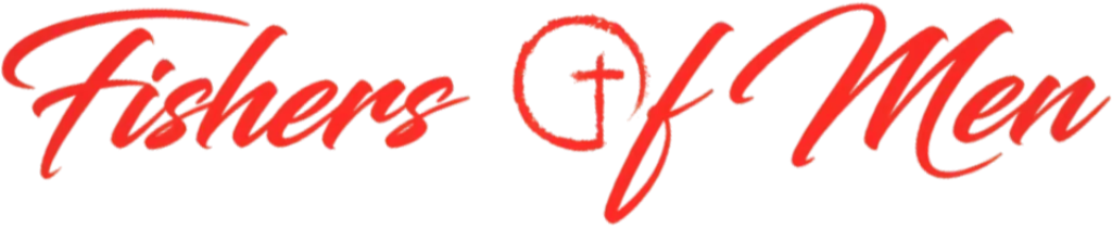 Red text logo reading 'Fishermen + Men' with a cross symbol in a circle between the words.