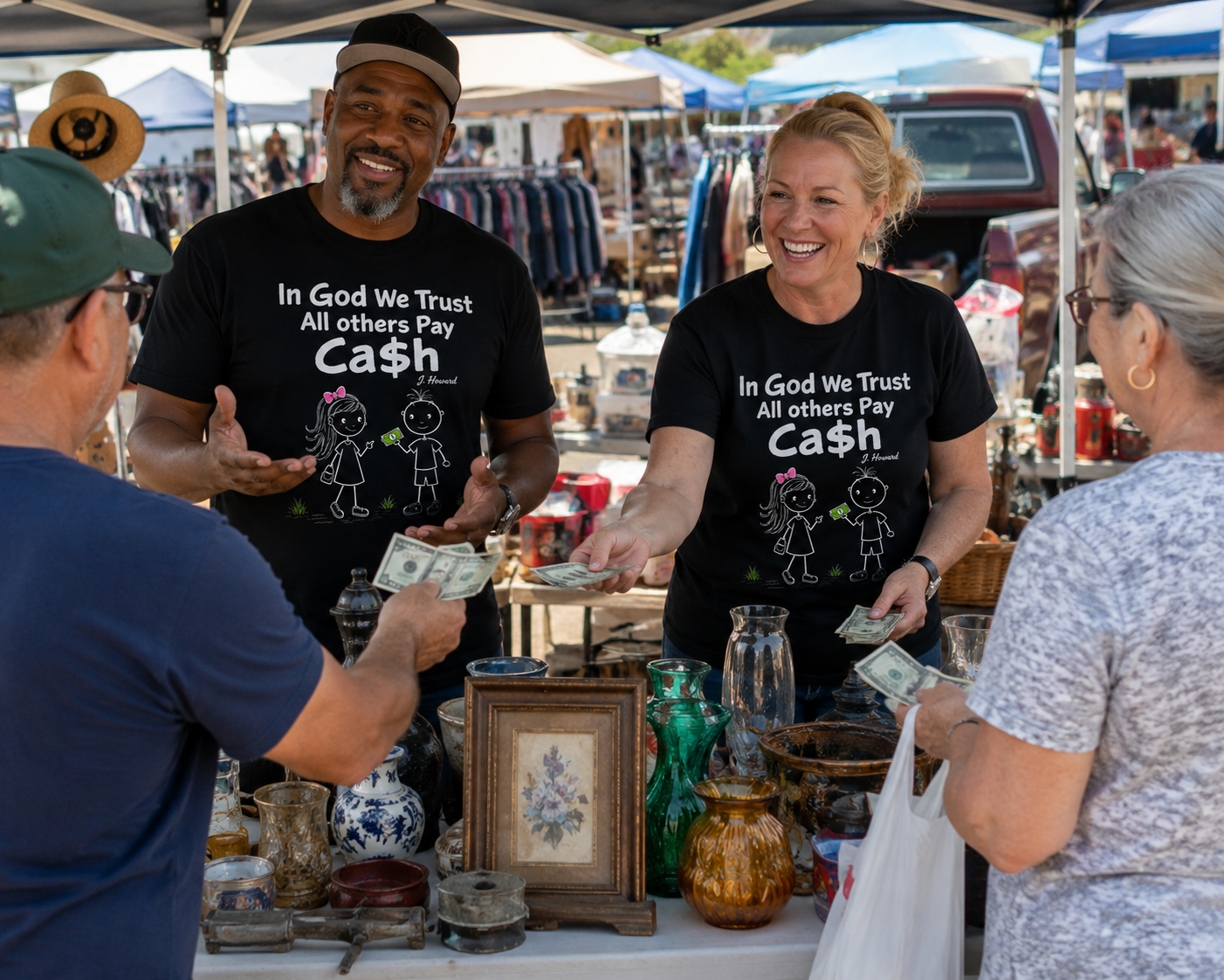 Two vendors at an outdoor market booth handing money to a customer while selling various glass vases and framed artwork, with other market stalls visible in the background.