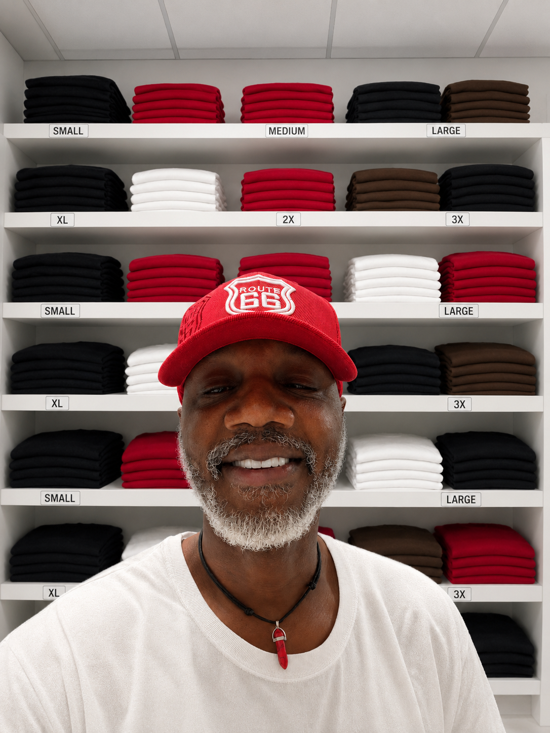 A smiling man with a red cap standing in front of shelves with folded t-shirts labeled by size and color, including black, white, red, and brown.