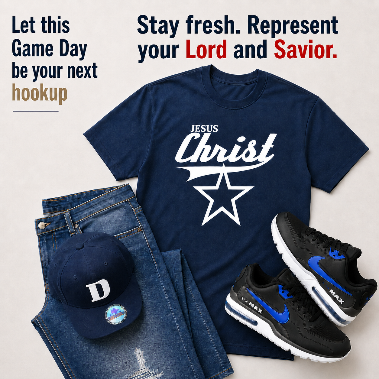 A flat lay of clothing and accessories with a Christian and Dallas Cowboys theme, including a navy T-shirt with the words "Jesus Christ" and a star logo, blue jeans, a navy baseball cap with a "D" logo, and black and blue Nike Air Max sneakers, alongside a message promoting faith and sports.