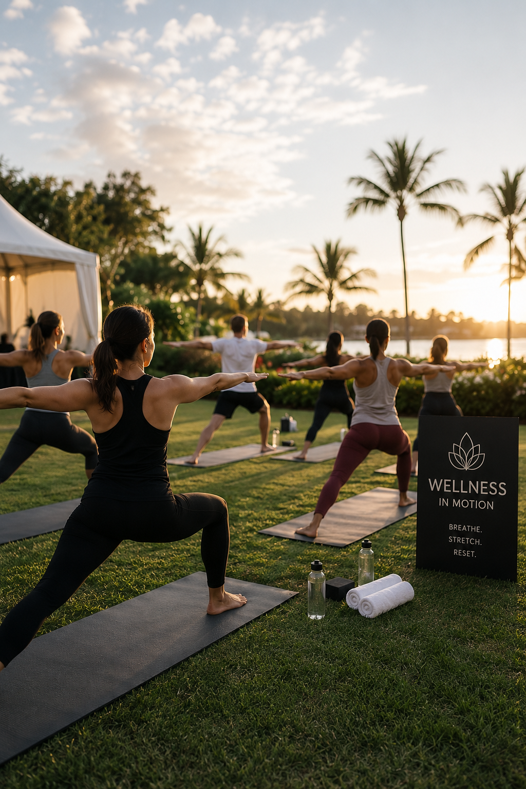 Group of people practicing yoga outdoors during sunset in a tropical setting with palm trees, on yoga mats near water, with a wellness sign and water bottles in the foreground.