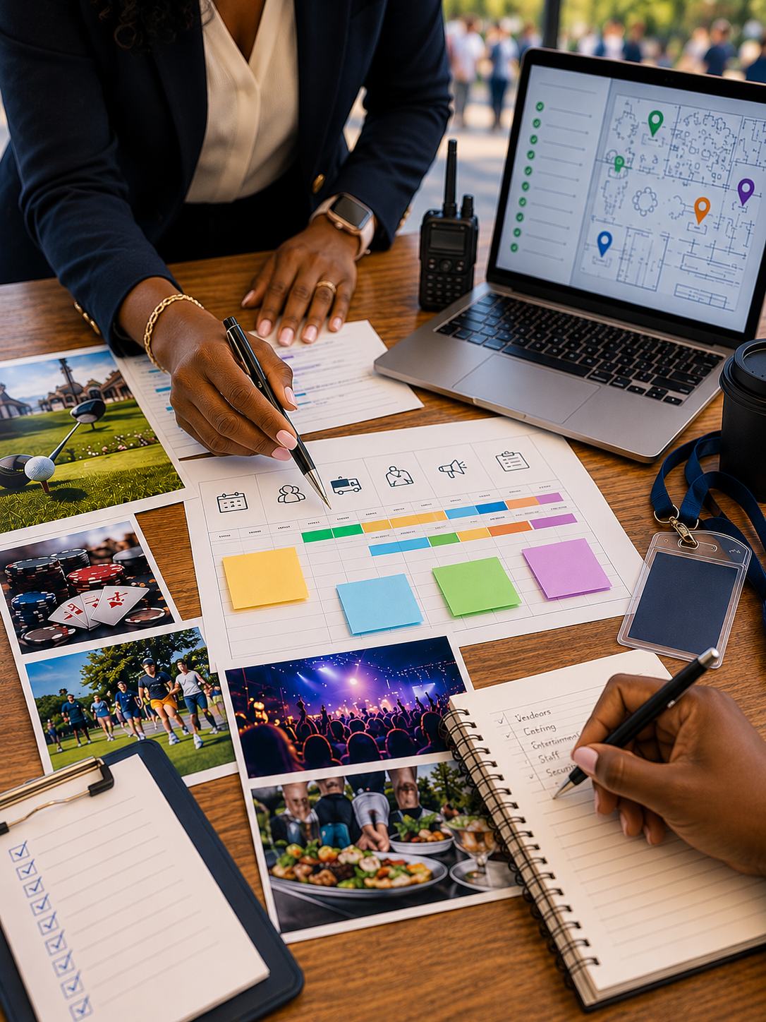 A person working on event planning at a desk with photos, a calendar, and a laptop showing a map with location markers.