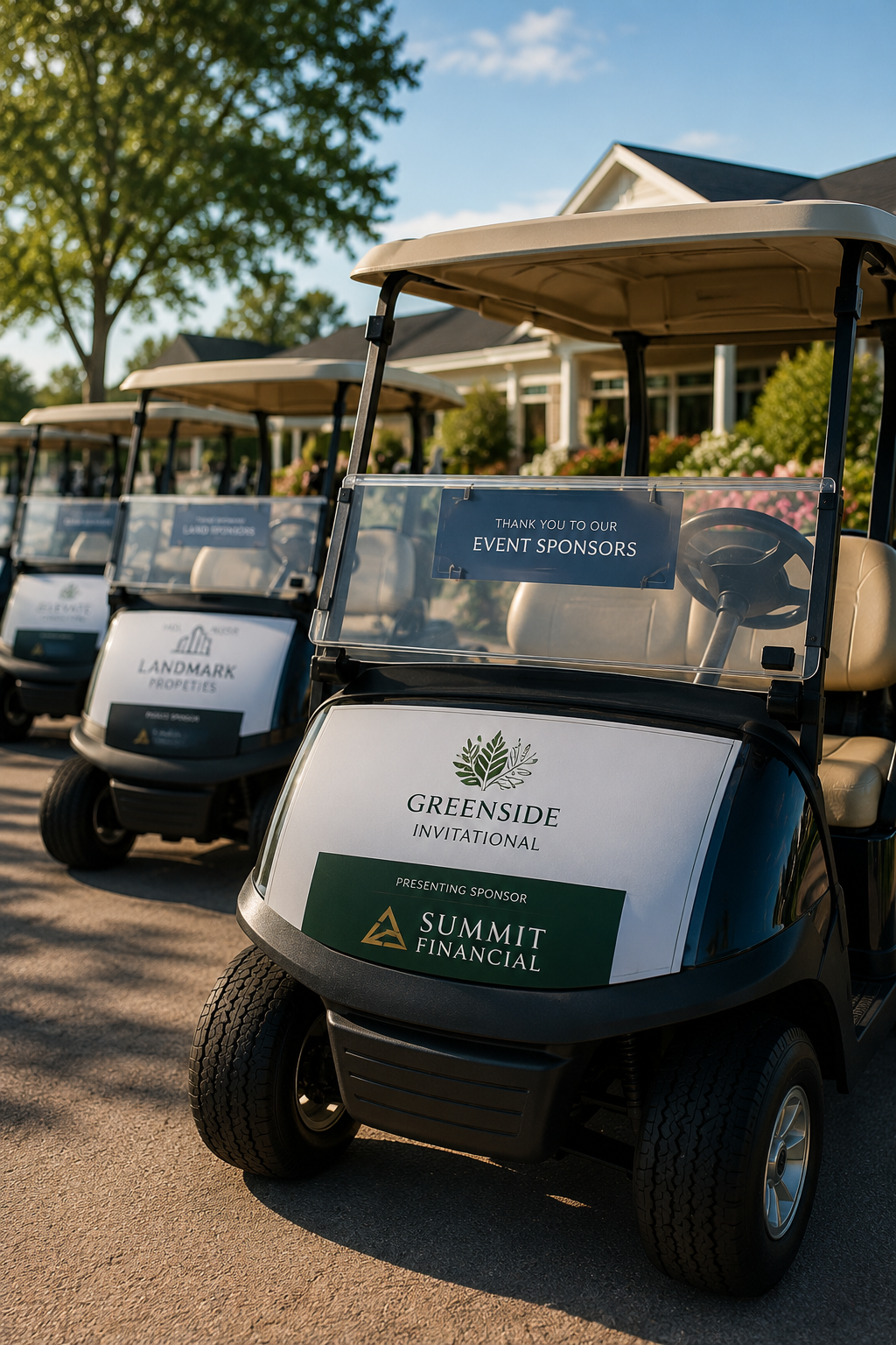 Row of golf carts parked outside building with banners and sponsor signs, including Greenside Invitational and Summit Financial, during daytime with clear sky and trees.
