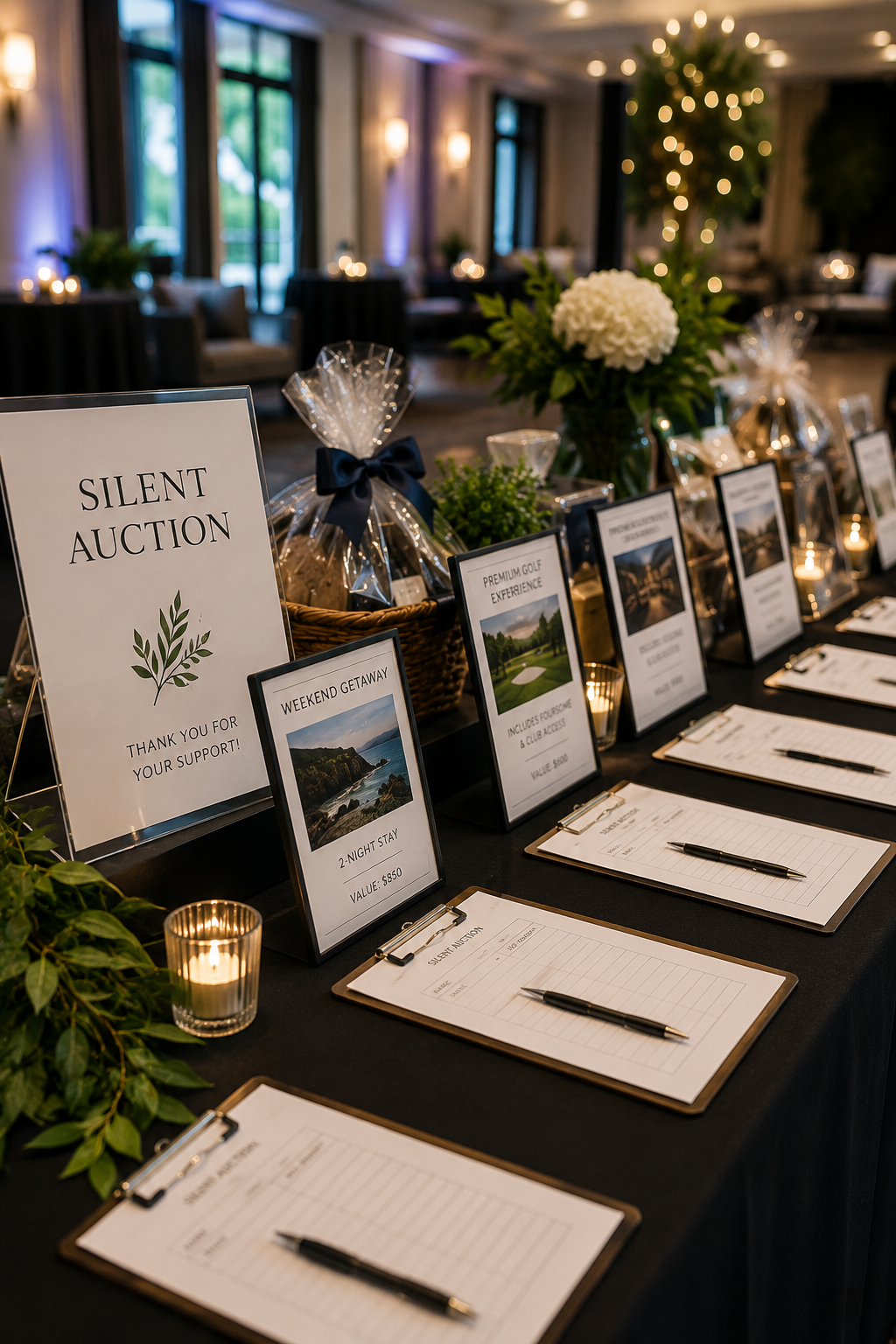 A table set up for a silent auction with framed descriptions of prizes, clipboards with pens, candles, and floral decorations in an elegant banquet hall.