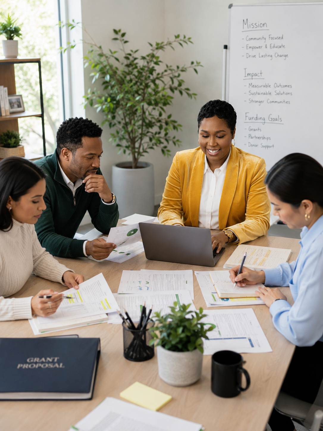 A diverse group of four people sitting around a table during a meeting, with papers, a laptop, and a notebook. In the background, a whiteboard displays a mission statement and goals.