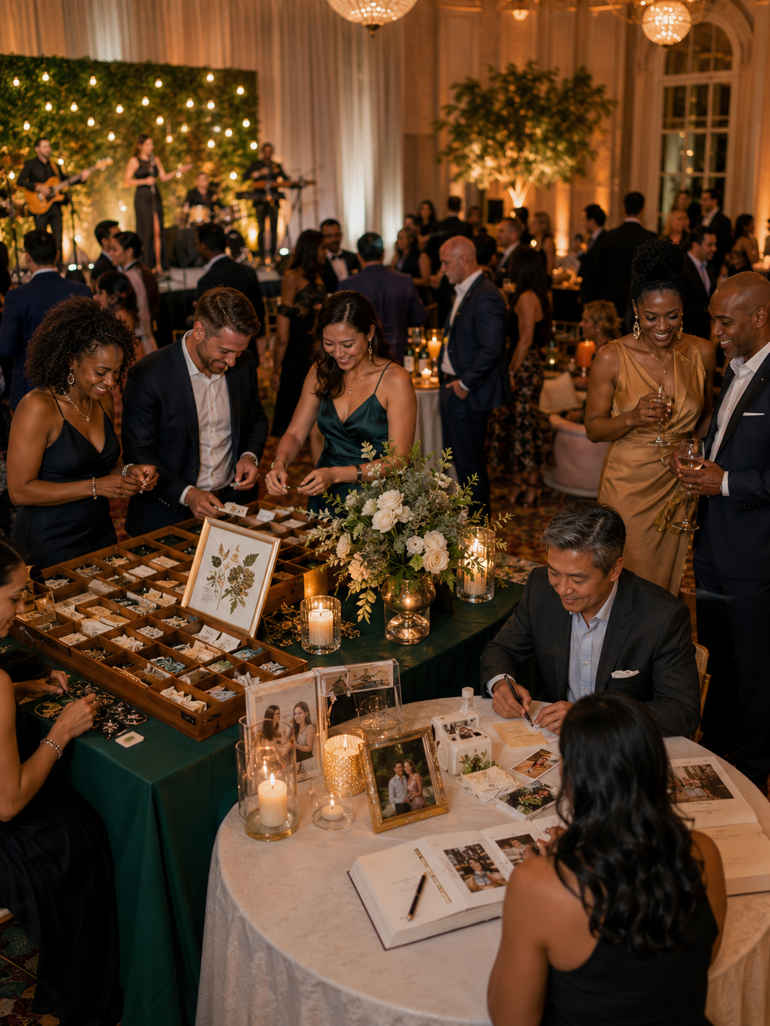 Guests at a formal party or wedding reception browsing jewelry displays and signing guestbooks, with live band performing on stage in the background, elegant floral arrangements, candles, and warm lighting in an upscale venue.