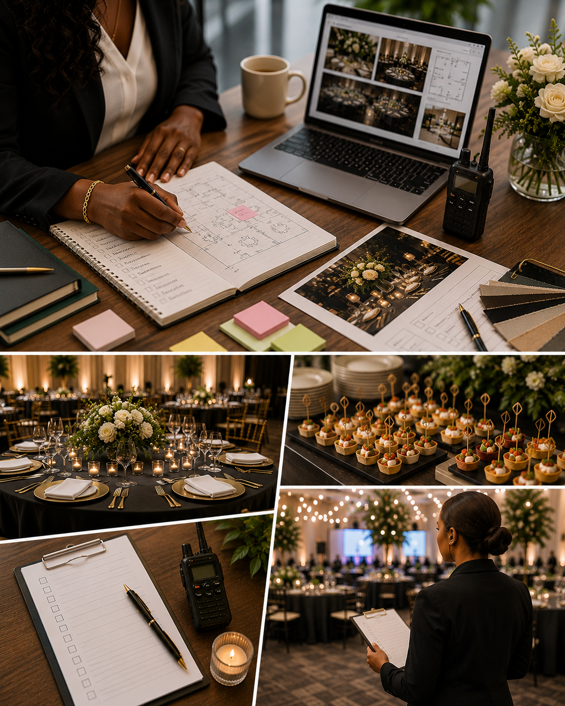 Event planning and decoration setup for a formal event, including a person working on a seating chart, a beautifully decorated banquet table with floral arrangements, tray of mini desserts, a clipboard, a walkie-talkie, and a woman inspecting the venue with a notepad.