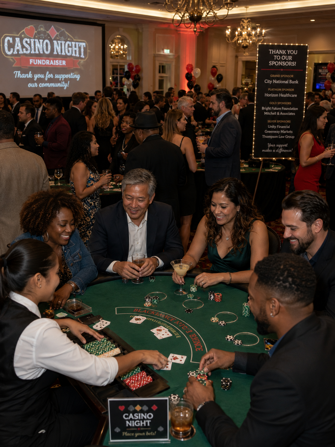 People playing blackjack at a casino night fundraiser event, with a large crowd in the background and a screen displaying 'Casino Night Fundraiser'.