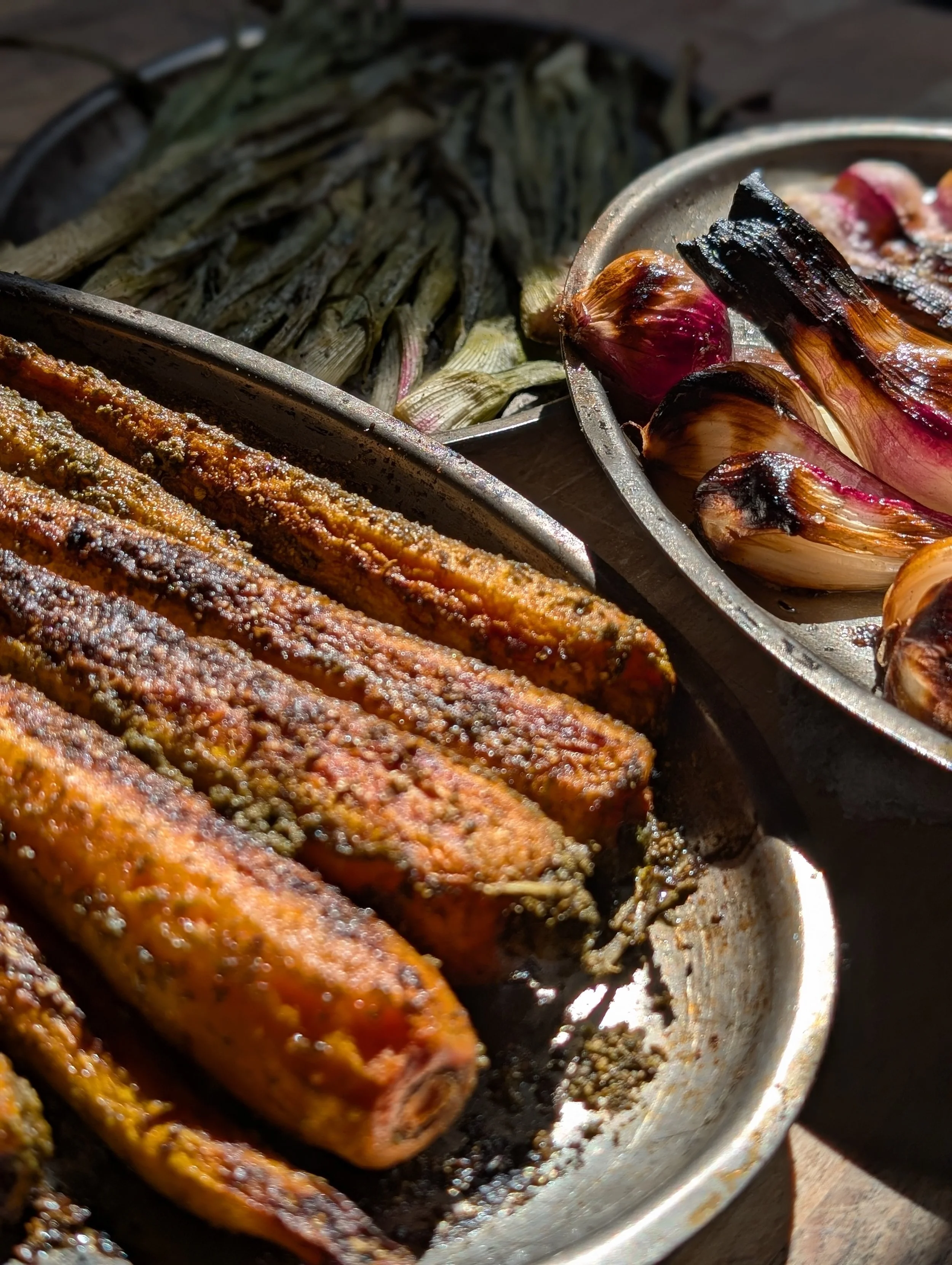 Wood Fired roasted vegetables straight from the farm. Organic, fresh, healthy, and delicious.