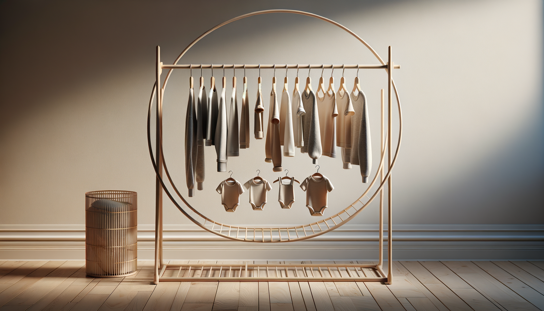 A clothing rack with beige and off-white baby and toddler clothes hanging on hangers, and small baby clothes on hangers below, with a brown woven basket to the left.