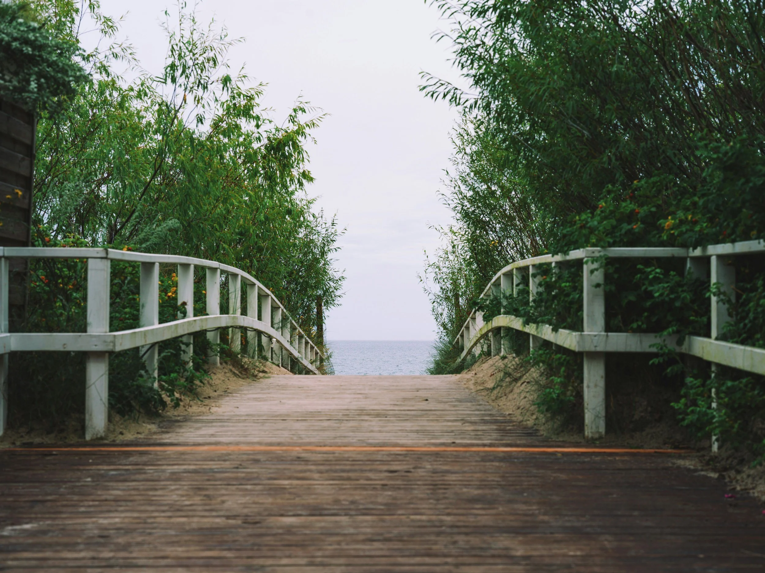Wooden pathway leading to the beach, flanked by greenery and trees, with a view of the ocean in the distance under a cloudy sky.