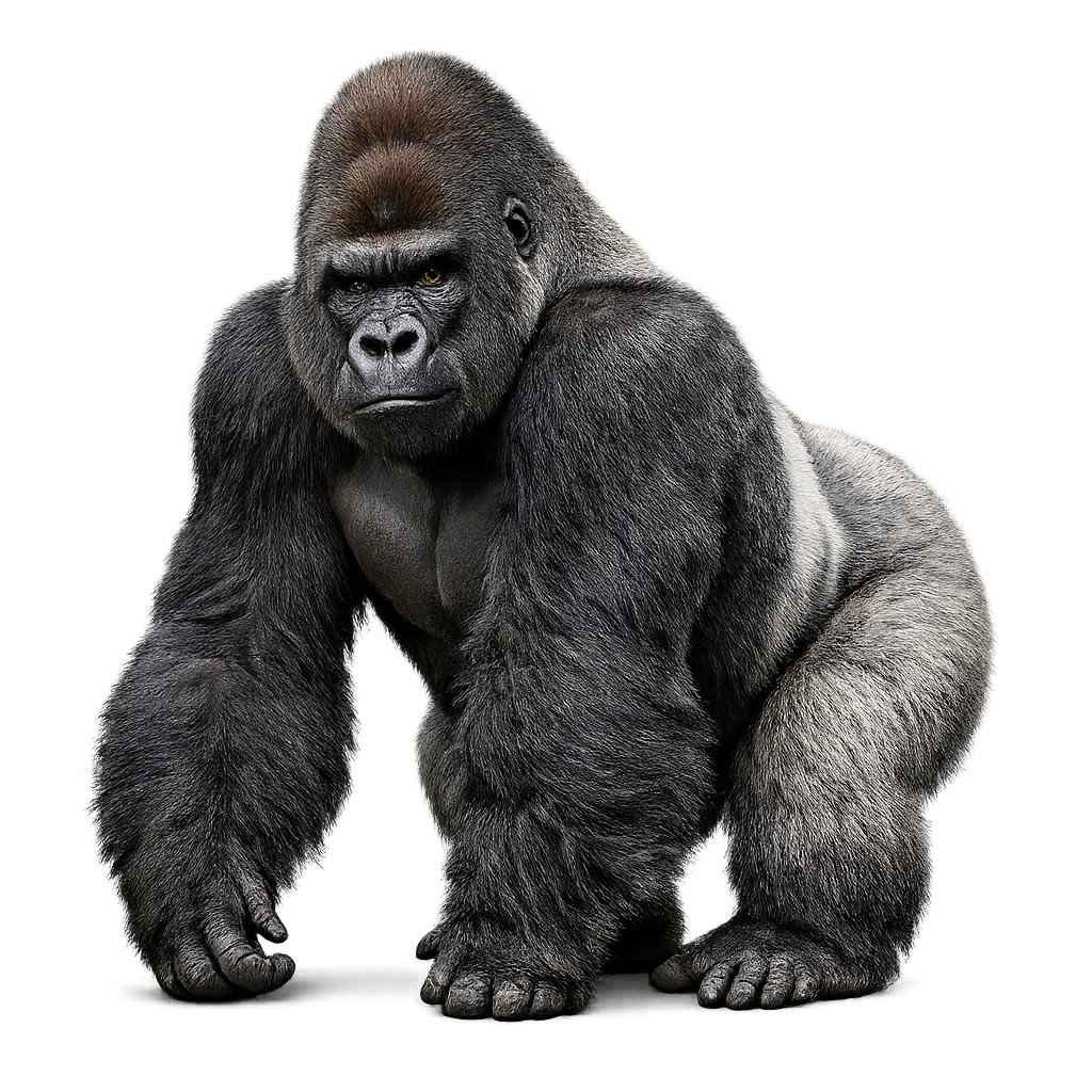 A large adult gorilla with dark fur and a prominent brow ridge, sitting and looking directly at the camera.