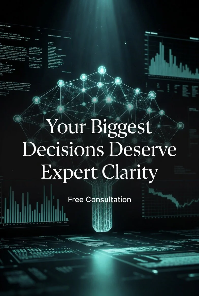 A digital graphic with a glowing lightbulb made of connected nodes and lines, surrounded by data charts and code, with overlaid text promoting expert clarity and free consultation.