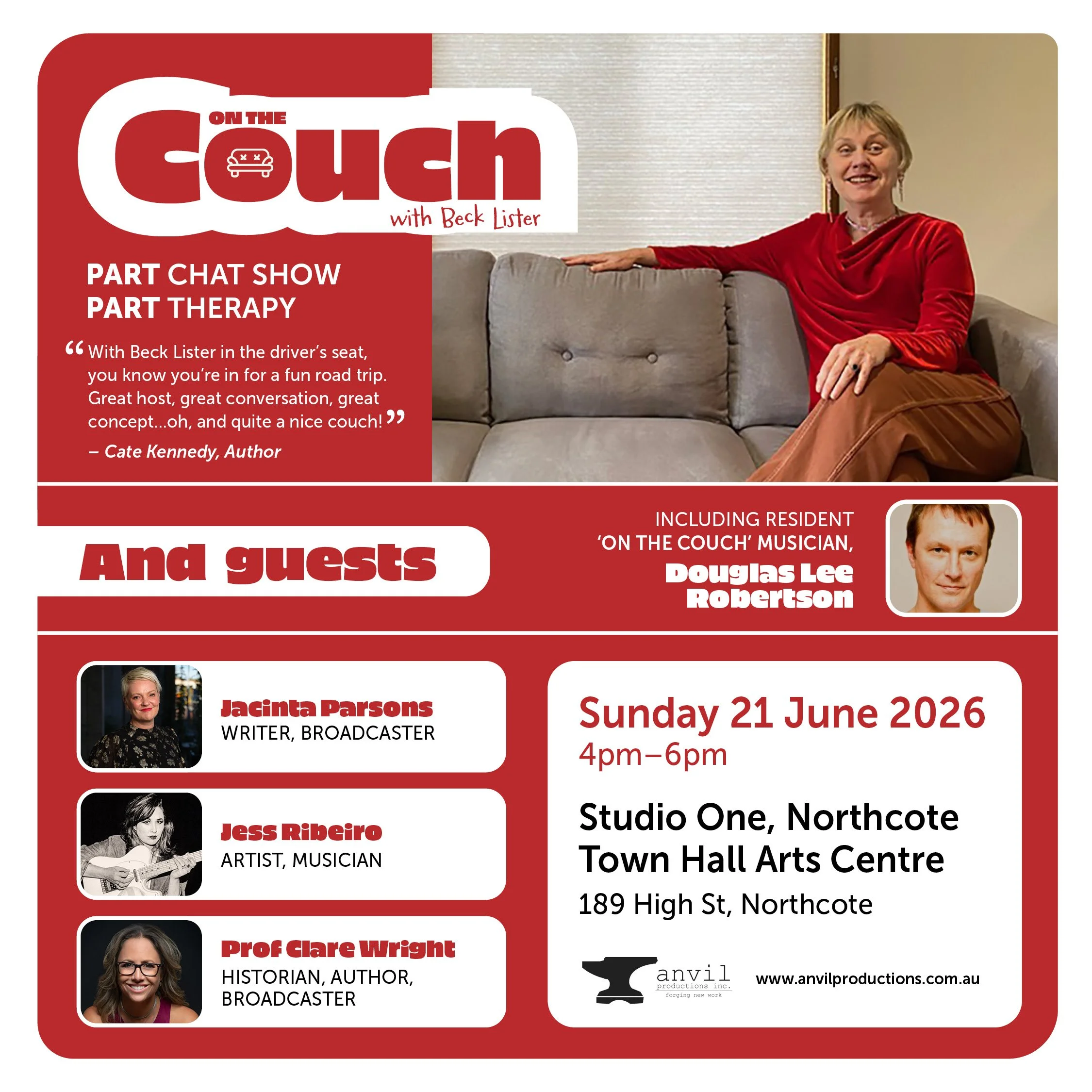 Event poster for 'On the Couch' with Beck Lister, scheduled for Sunday, June 21, 2026, from 4 pm to 6 pm at Studio One Northcote, Town Hall Arts Centre, 189 High St, Northcote. Features guest speakers Cate Kennedy, Jacinta Parsons, Jess Ribeiro, and Prof Clare Wright.
