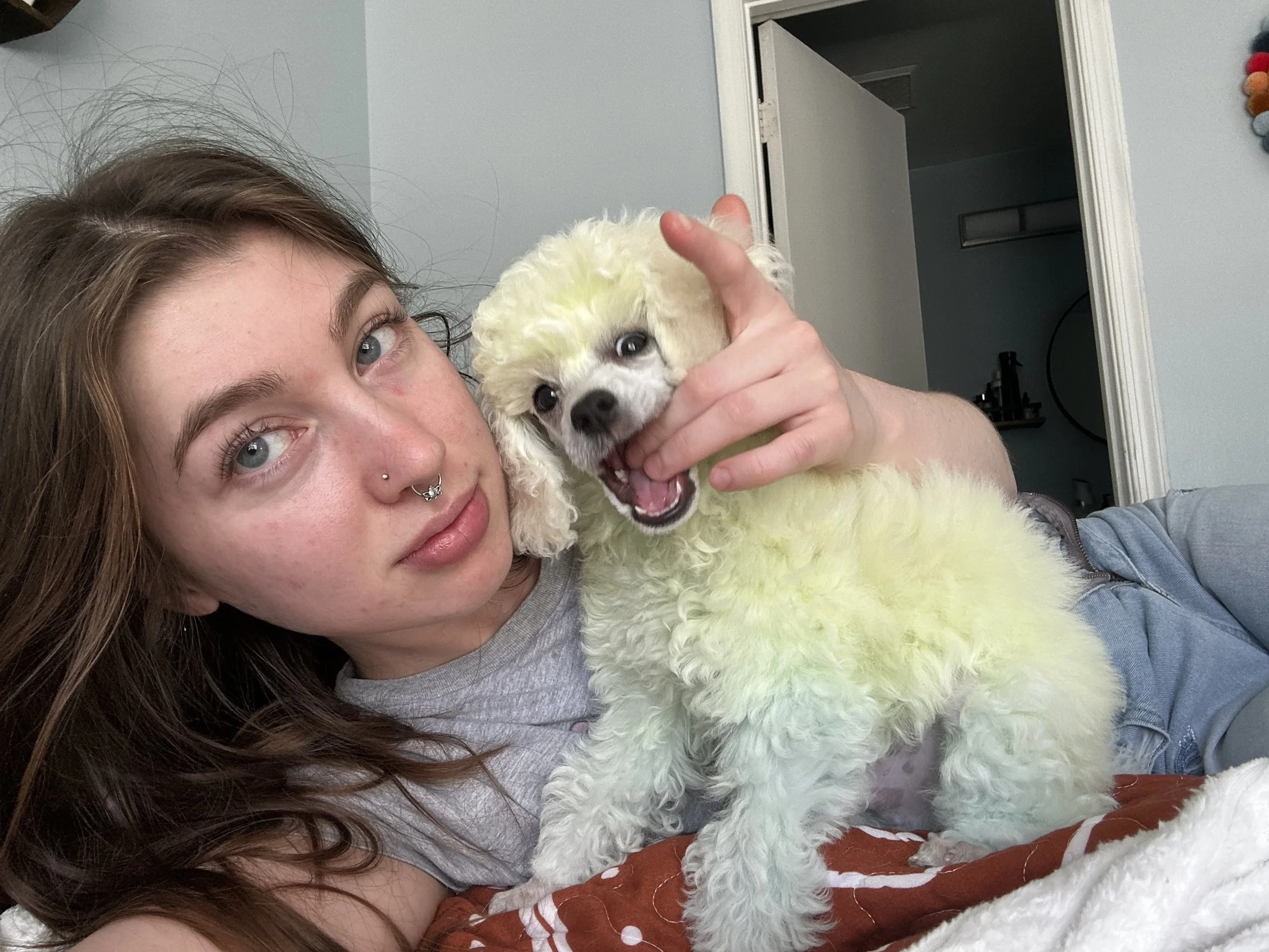 A young woman with light skin, long wavy brown hair, and blue eyes holding a small white poodle with curly fur, inside a home with light blue walls and an open doorway in the background.