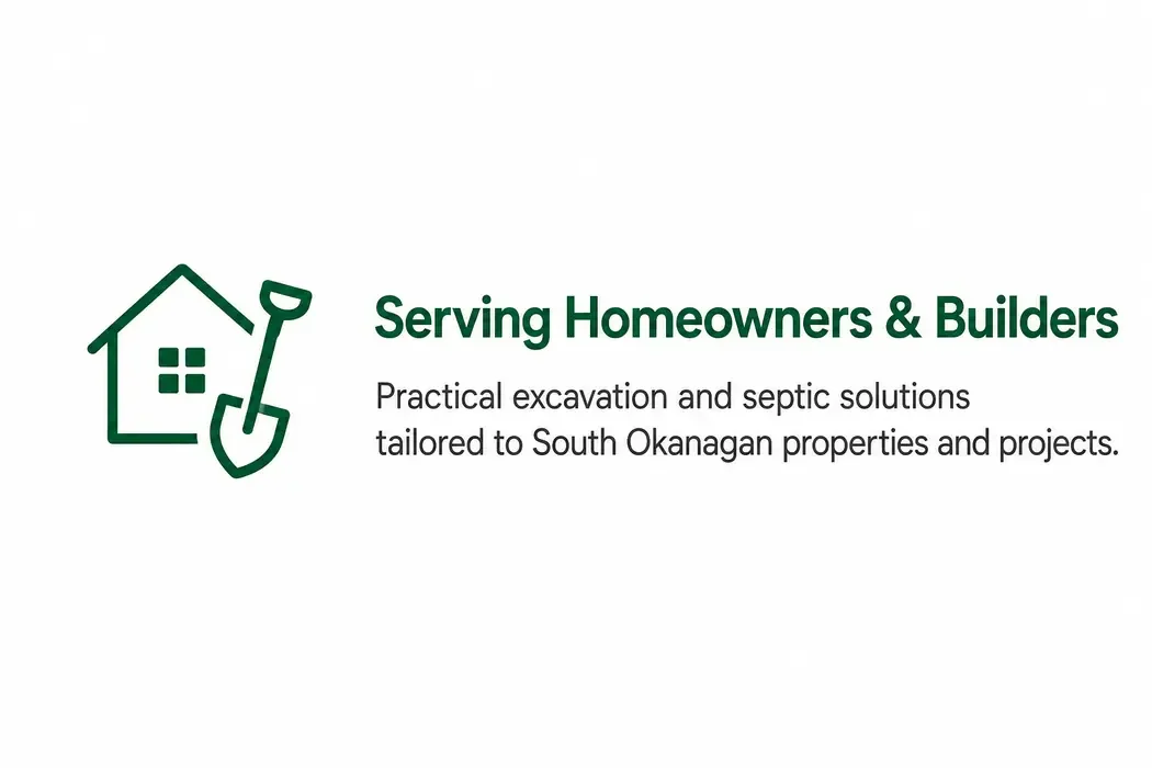 House and shovel icon representing residential septic installation and excavation services for homeowners and builders in the South Okanagan.